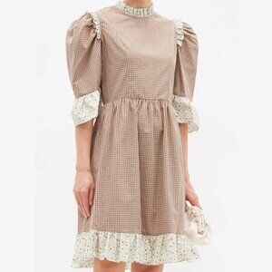 Batsheva Gingham-Check Ruffled Cotton Twill Dress in Brown